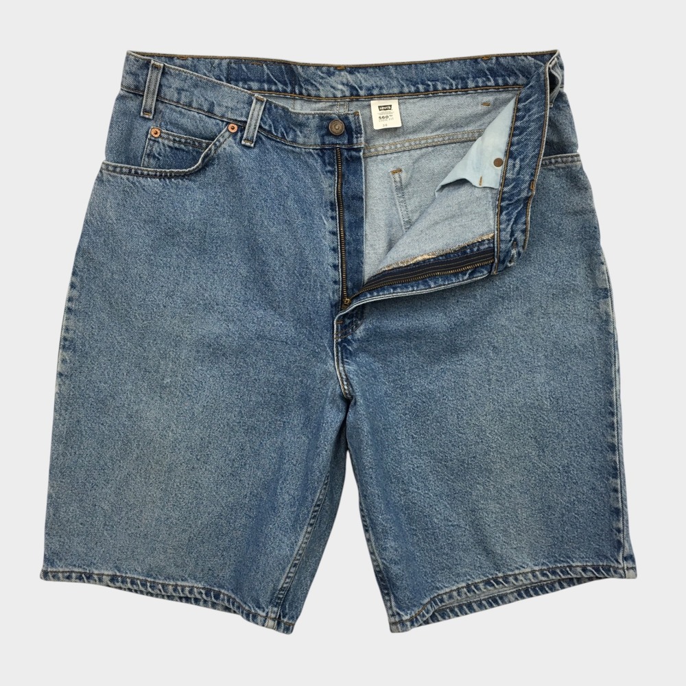 VINTAGE 90s Levis 560 Loose Fit Denim Shorts Mens 36 Blue Orange Tab Jean Shorts